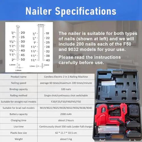 Specifications for Badass Cordless 2 In 1 Brad Nailer And Tacker With 21V Rechargeable Battery including nail types and features.