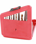 Heavy Duty Alloy Steel Screw Extractor Kit That Gets The Job Done With 10 High-Performance Left Hand Drill Bits For Pulling Stubborn Stripped Bolts And Fasteners Without A Hassle. red case with drill bits