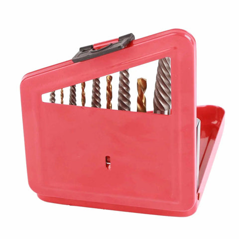 Heavy Duty Alloy Steel Screw Extractor Kit That Gets The Job Done With 10 High-Performance Left Hand Drill Bits For Pulling Stubborn Stripped Bolts And Fasteners Without A Hassle. red case with drill bits