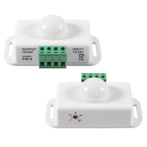 2 Pack No Brainer 12V-24V PIR Motion Sensor Switch for LED Light Strips Infrared Controller With Adjustable 1-10 Min Delay Auto On Off Motion Activated Sign Control 8 Meters Detection Range White, white PIR sensor modules with 12/24V terminals