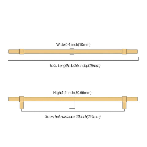 Diagram of Ten Inch Champagne Bronze Cabinet Pulls Pack Of 10 Sleek Kitchen Cabinet Handles with dimensions shown