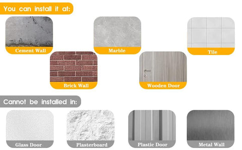 Installation options for Four Pack Black Stainless Steel Towel Hooks: cement, marble, tile, brick wall, wooden door; not on glass or metal.