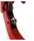 Close-up of Pro Grade Heavy Duty Hose Crimping Tool And Hinged Pipe Cutter for 4 to 6 inch carbon steel pipe in red.