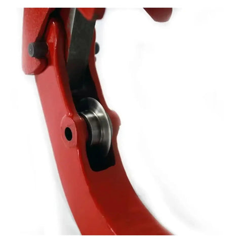 Close-up of Pro Grade Heavy Duty Hose Crimping Tool And Hinged Pipe Cutter for 4 to 6 inch carbon steel pipe in red.