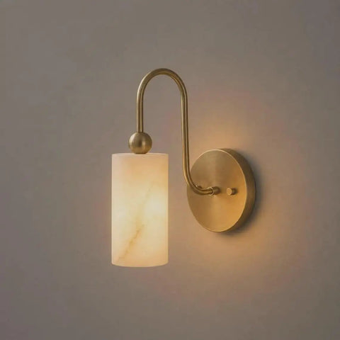 Modern Alabaster Wall Sconce - Natural Marble Wall Lamp with Luxury Brass Finish, hardwired wall light fixture with alabaster shade.