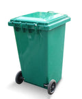 Rock Solid 240L Outdoor Trash Can With Flip Top Lid And Smooth Rolling Wheels Galvanized Steel Roll Bin Truck Ready For Commercial Garbage Hauling Green, side view with wheels.