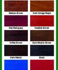Color swatch chart showing various liquid wood dye stains including Premium Concentrated Liquid Wood Dye Stain In Vibrant Lemon Yellow.