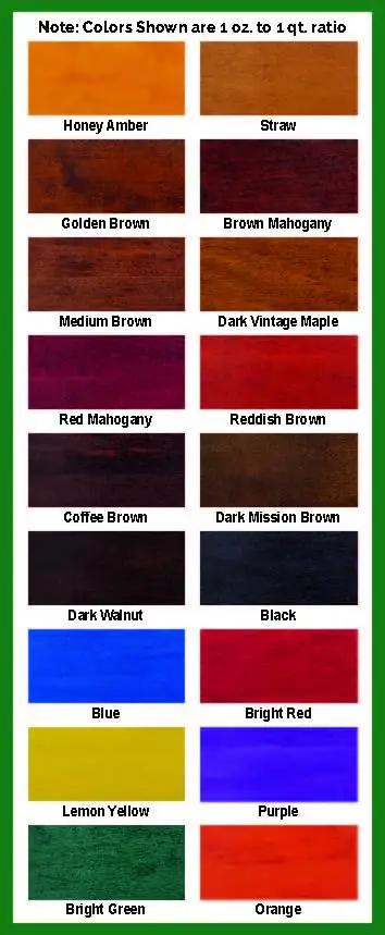 Color swatch chart showing various liquid wood dye stains including Premium Concentrated Liquid Wood Dye Stain In Vibrant Lemon Yellow.