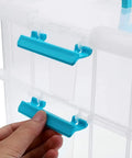 Close-up of Two Tier Stack Carry Storage Box With Handle, Transparent Clear Bin With Latching Lid, Detachable Buckles, Lockable Organization Case