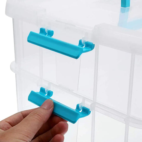 Close-up of Two Tier Stack Carry Storage Box With Handle, Transparent Clear Bin With Latching Lid, Detachable Buckles, Lockable Organization Case