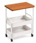 Three Tier Rolling Side Table With Lockable Casters And Spacious Storage Shelves For Hassle Free Room To Room Moving everyday utility cart with wooden top and white shelves.