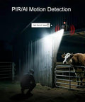 Reliable 4G LTE Solar Security Camera Delivers Crisp 5MP Footage And Vivid Color Night Vision No More WiFi Headaches Featuring Rugged IP65 Build Tailored For Backyards And Off Grid Sites monitoring a barn scene with a person and cow.
