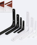 Heavy Duty L Brackets For Wall Shelves, assorted sizes in black and white metal, ideal for sturdy corner support and easy installation.
