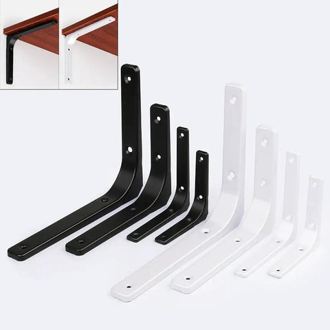 Heavy Duty L Brackets For Wall Shelves, assorted sizes in black and white metal, ideal for sturdy corner support and easy installation.