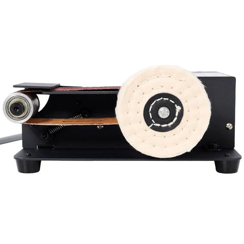 Heavy Duty 2-In-1 Mini Belt Sander With Bench Grinder, 350W Electric Polisher Machine showing belt and polishing wheel.