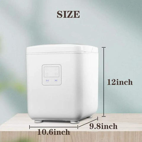 Dope Portable Countertop Ice Maker Features Lightning Fast Six Minute Freeze Tech Producing Next Level Crisp Cubes showing size dimensions 10.6x9.8x12 inches.