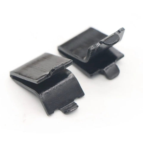 Adjustable Heavy Duty Steel Pilaster Shelf Clips, Quick No Sweat Snap Install Brackets For Wood And Metal Storage Systems, Rock Solid Matte Black 23 Gauge Pack Of 20 close-up of two clips in matte black finish.