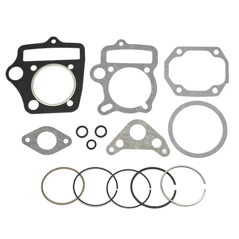 54Mm Piston And Ring Set With Head Gaskets Kit For 125Cc Pit Dirt Bike And ATV Go Kart Horizontal Engine BeefedUp Replacement Fits SSR Baja Roketa Apollo Bms NST Taotao components displayed showing piston rings and gaskets.