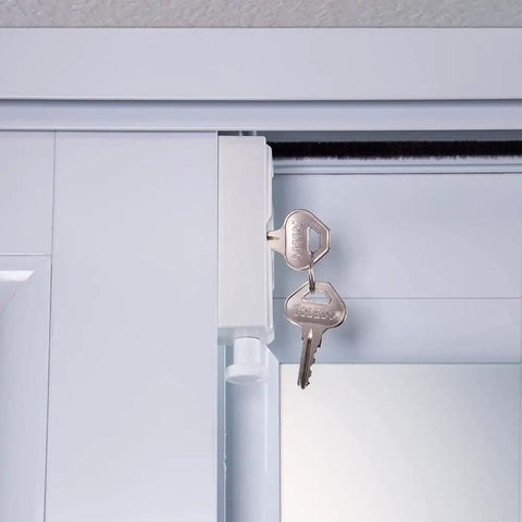 White Hardened Keyed Bolt Sliding Patio Door Lock Surface Mounted For Wood And Metal Doors with keys inserted