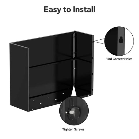 Massive Galvanized Steel Planter Box With Removable Insert Shelf And Four Drainage Holes Weather Resistant 32 Inches Long By 12 Inches Wide By 24 Inches Tall For Indoor And Outdoor Patio Porch Decor Black installation guide showing hole alignment and screw tightening.