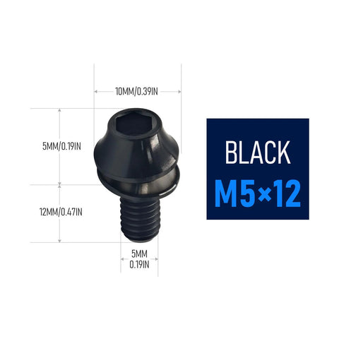 Front view of Titanium M5x12mm Bike Bolts With Washers For MTB Water Bottle Cage Hex Screws Set Of 4 Black Lightweight