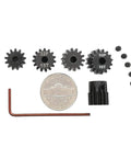 Hardened Pinion Gear Set For RC Cars 32P 0.8M Pitch With One Eighth Inch Hole And Hex Key 12T 13T 14T 15T 16T displayed with coin and tool