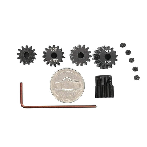 Hardened Pinion Gear Set For RC Cars 32P 0.8M Pitch With One Eighth Inch Hole And Hex Key 12T 13T 14T 15T 16T displayed with coin and tool