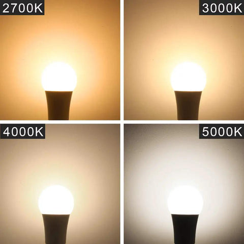 Comparison of LED bulbs emitting 2700K, 3000K, 4000K, and 5000K light, showing varying warm to daylight hues.