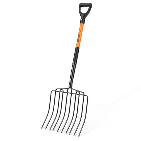 Wide Head Pitch Fork For Manure And Hay, Beefy Heavy Duty 14.96 Inch Head With 10 Tines, Unbreakable Fiberglass Handle, 45 Inch Grip