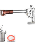 Heavy Duty Extension Pole Spray Gun With Pressure Feed Paint Sprayer And Adjustable Nozzle For Sick Smooth Finish And Knockout Coverage On Homes And Car Panels Includes 10 Liter Tank And Precision Gauge with hose and tank.