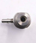 Front view of stainless steel waterjet mixing chamber and cutting head body