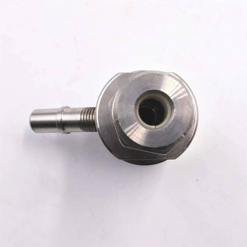 Front view of stainless steel waterjet mixing chamber and cutting head body