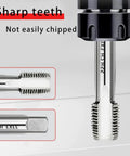 Close-up of M14 x 1.5mm Thread Tap HSS 6542 Extra Long 200mm, showing sharp teeth and flutes for heavy-duty threading in metal.