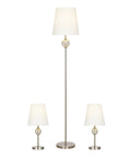 Transitional 3 Piece Table And Floor Lamp Set With Glass Font Detail, 58 Inch Floor Lamp And Two Table Lamps, Brushed Nickel Finish