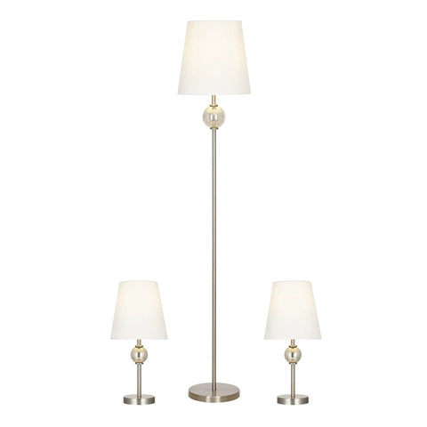Transitional 3 Piece Table And Floor Lamp Set With Glass Font Detail, 58 Inch Floor Lamp And Two Table Lamps, Brushed Nickel Finish