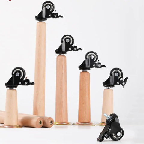 4 Pack Round Solid Wood Furniture Legs With Wheels And Brakes 65cm Tall Replacement Sofa Cabinet And Bed Feet displayed on floor
