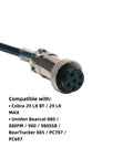 Close-up of a 6 Pin CB Radio Microphone plug showing compatibility list for Cobra 29 LX, Uniden Bearcat, and other models.