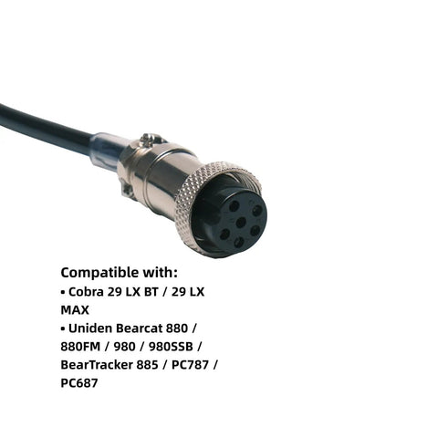 Close-up of a 6 Pin CB Radio Microphone plug showing compatibility list for Cobra 29 LX, Uniden Bearcat, and other models.