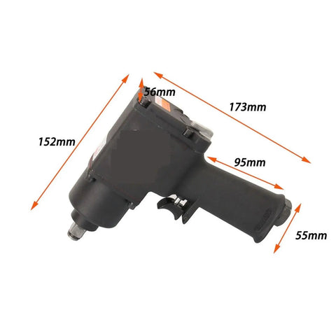 Commercial Grade Pneumatic Impact Hammer Driver Kit With One Half Inch Anvil Packs Mean Muscle And 550 Newton Meters of Raw Torque side view with dimensions shown.