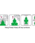 Little Trees car air freshener, green hanging tree shown in step-by-step installation diagrams