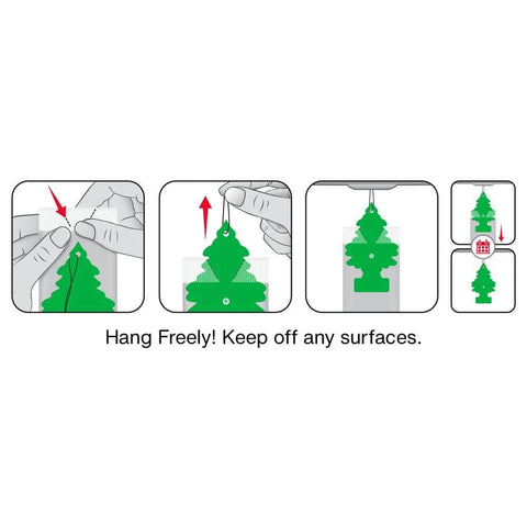 Little Trees car air freshener, green hanging tree shown in step-by-step installation diagrams