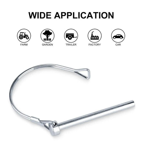 Beefy Workhorse 10 Pack Safety Coupler Pins and PTO Pins for Trailer Connectors and Farm Equipment displayed with applications.