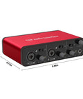 2x2 USB Audio Interface With 48V Phantom Power And 24-Bit 96kHz Recording For Microphones And Instruments, Plug And Play On Smartphones Tablets And Computers, Ideal For Home Studio Use, No DAW Software Included. Red casing with dimensions labeled, two input ports, gain controls, headphone jack and direct monitor switch visible.