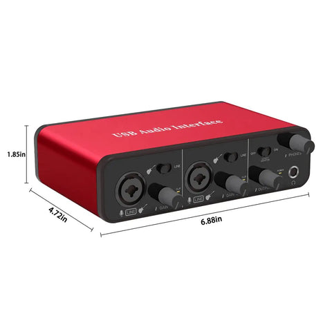 2x2 USB Audio Interface With 48V Phantom Power And 24-Bit 96kHz Recording For Microphones And Instruments, Plug And Play On Smartphones Tablets And Computers, Ideal For Home Studio Use, No DAW Software Included. Red casing with dimensions labeled, two input ports, gain controls, headphone jack and direct monitor switch visible.