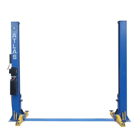 Heavy Duty Two Post Vehicle Lift With Baseplate And Open Top Design For Low Ceiling Garages, 8000 Lb Beefy Load Limit, Three Stage Symmetric Arms, Twelve Piece Truck Adapter Kit, Workhorse Garage Rig For Weekend Warriors And Shop Pros in full view, blue color.