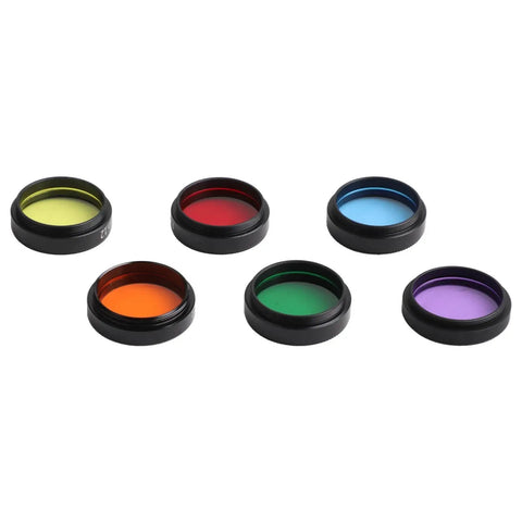 Six Pack 1.25 Inch Telescope Filter Set Nebula Color Filters For Eyepieces in aluminum housing, six colors, for deep sky astronomy.