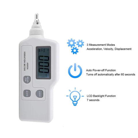 Handheld Vibration Meter With LCD Readout Digital Vibration Tester And Analyzer For Home And Tech Repair Measures Acceleration Velocity And Displacement Portable Vibrometer For Machinery Diagnostics And Maintenance, white plastic body