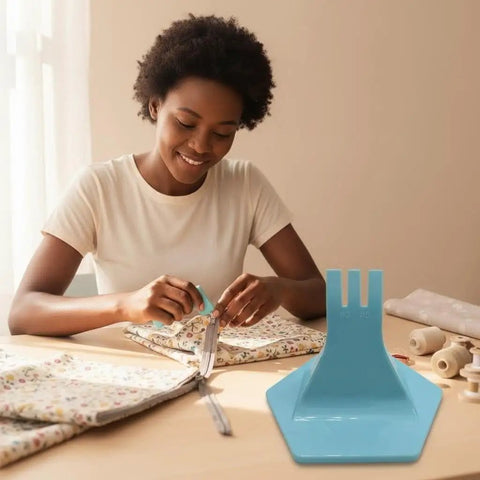 Woman using Zipper Jig Tool for Easy Zip Installation Handy Third Hand Slider Guide, blue plastic, at sewing table.