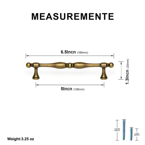 Antique Brass Cabinet Pulls Set Of 6, 5 Inch Center Drawer Handles With Easy Install Screws, Includes Long And Short Mounting Screws, Vintage Kitchen Cabinet Hardware With Old School Vibe, measurements shown