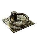 Chinese Style Antique Brass Ring Pull Handle Set for cabinets and wardrobes, 60mm square brass hardware, classic furniture decoration, front view.